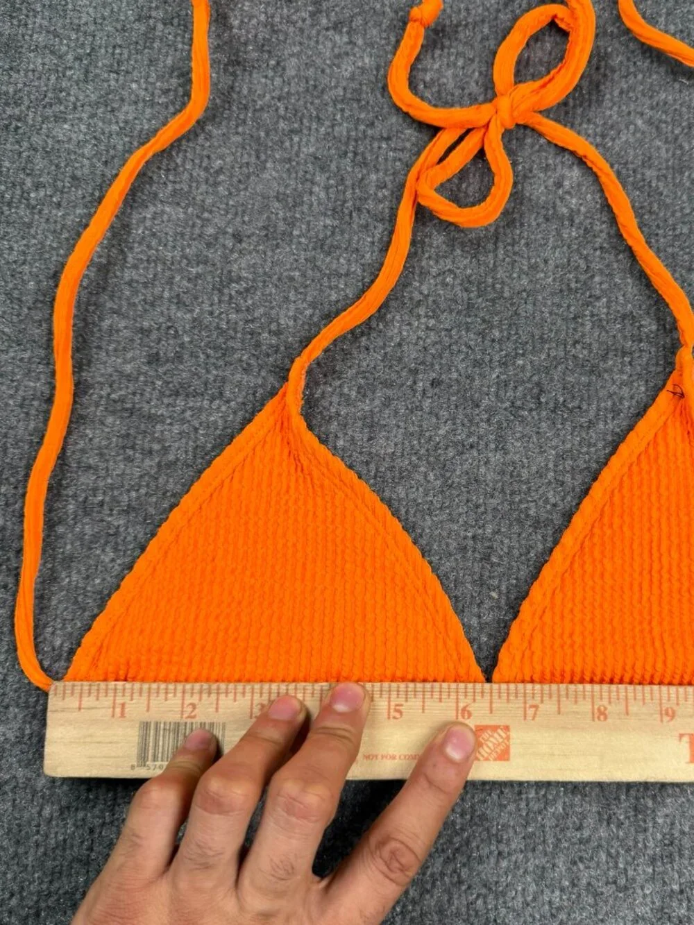 Orange Textured Triangle Bikini Top No size tag measurements M/L pads missing.